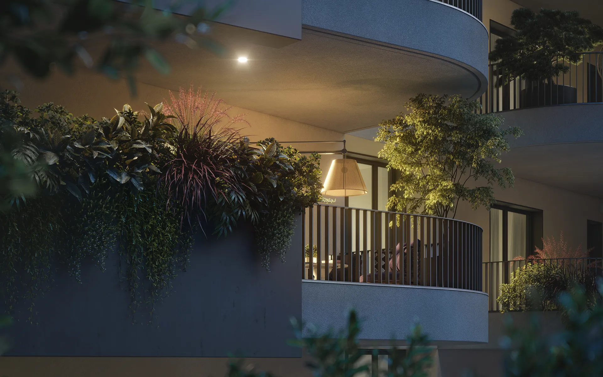 Fonte Laurentina: balcone di un appartamento moderno con piante verdi, luci soffuse e lampada da parete accesa di sera.