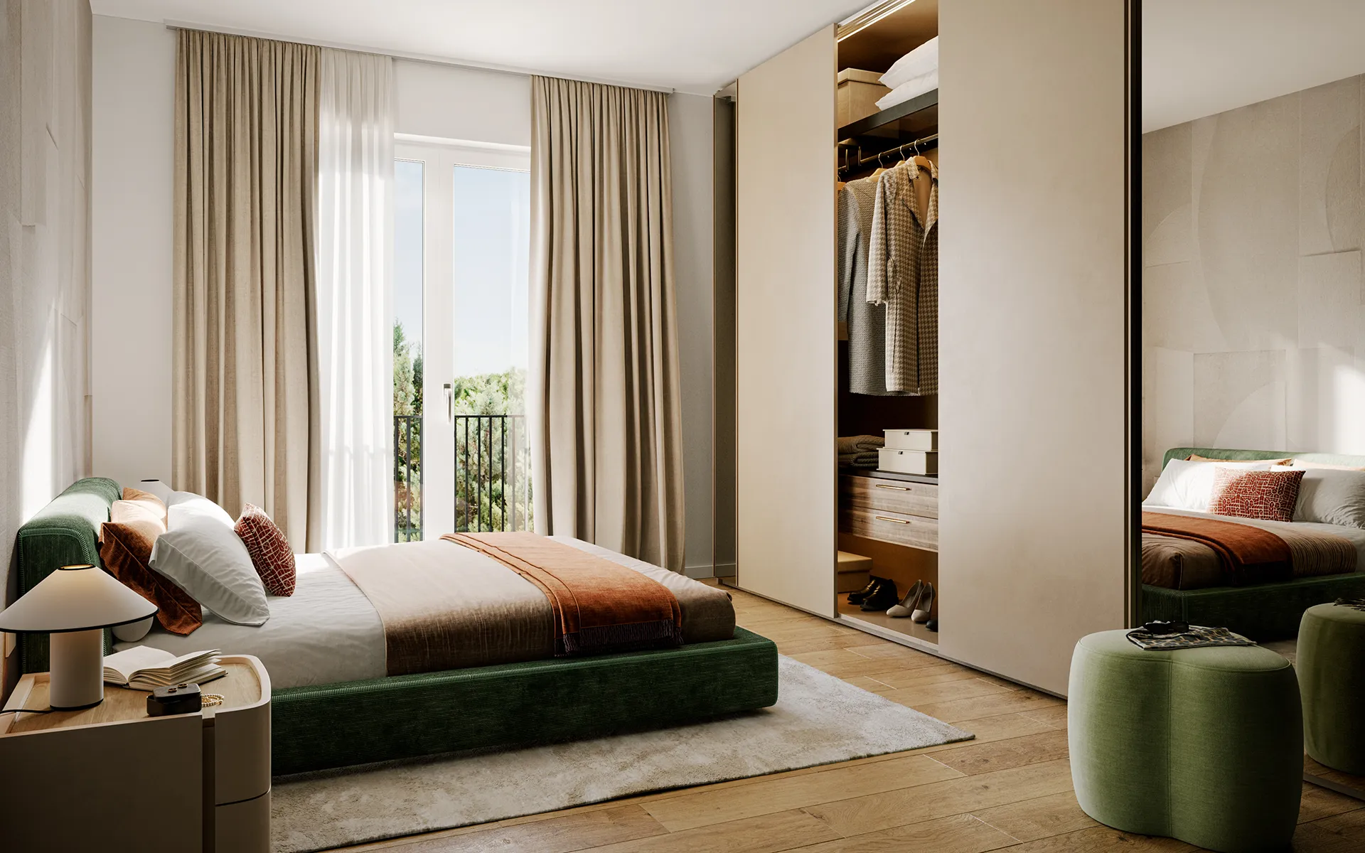 Fonte Laurentina: camera da letto moderna con letto matrimoniale verde, armadio con ante scorrevoli e specchio, comodino con lampada e finestra con tende beige.