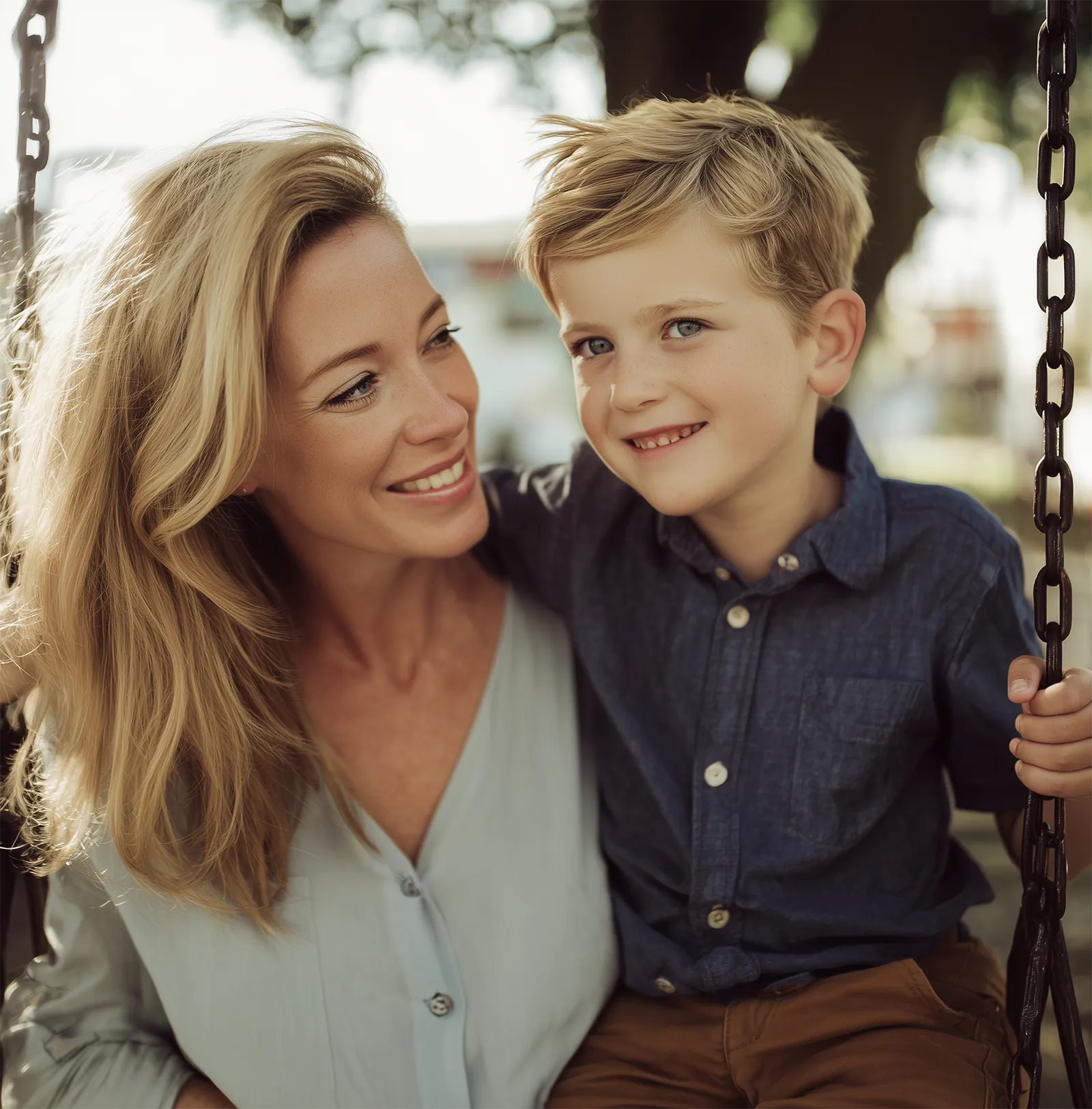 Donna sorridente con capelli biondi abbraccia un bambino felice su un'altalena in un giardino.