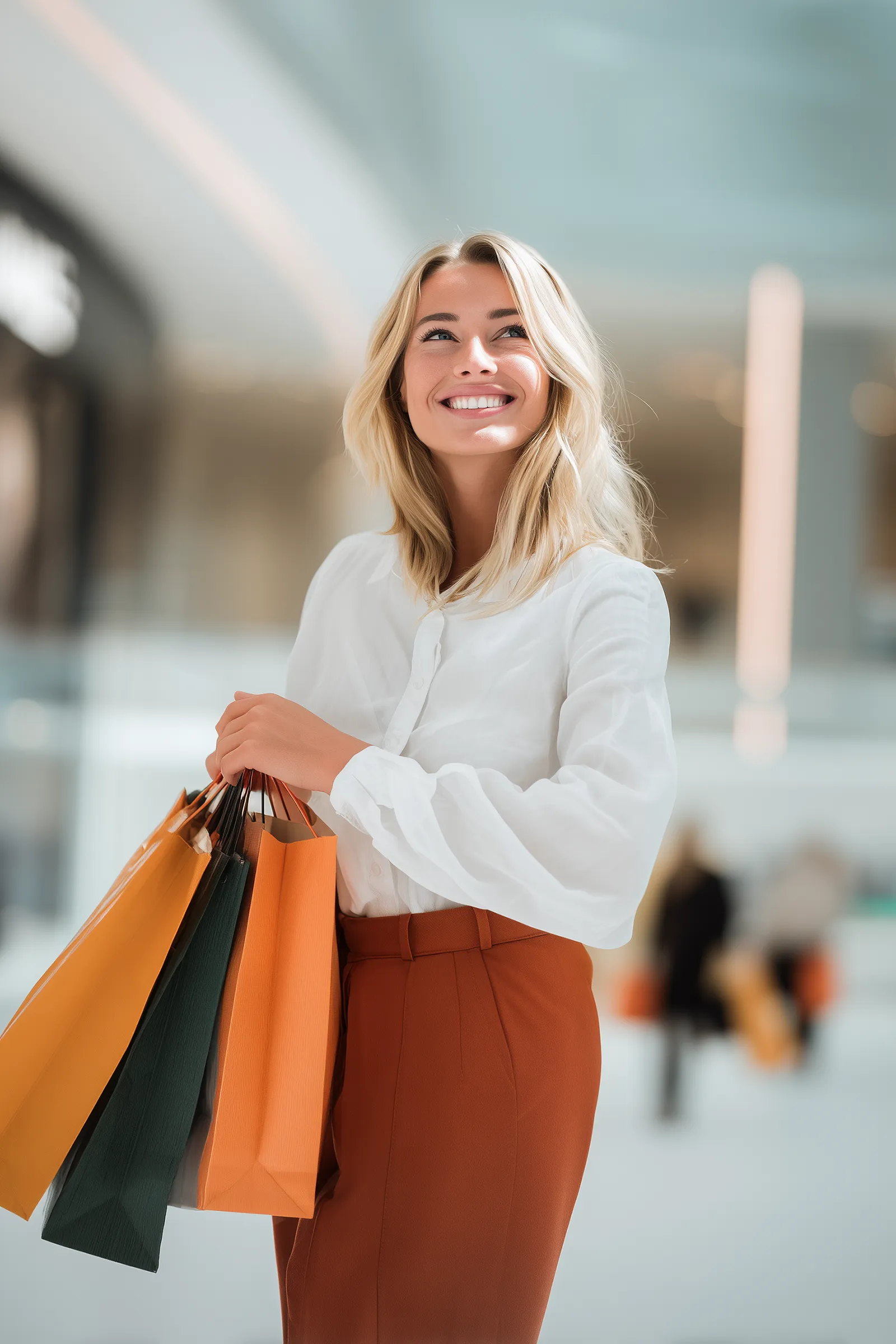 Donna sorridente con camicia bianca e pantaloni arancioni che tiene borse della spesa di colori diversi in un centro commerciale.