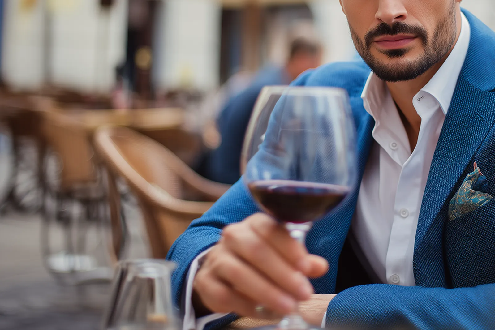 Uomo con barba e giacca blu che tiene un calice di vino rosso in un ristorante all'aperto.